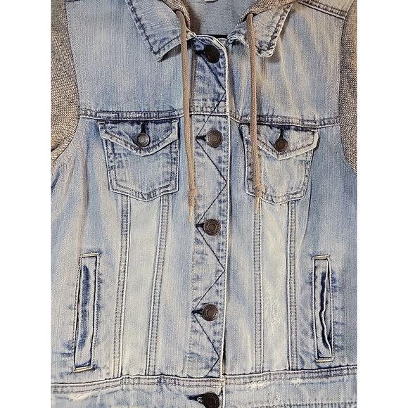 AMERICAN EAGLE OUTFITTERS Hooded Denim Jacket Sz Large Gray Knit Fabric Sleeves - Picture 3 of 8